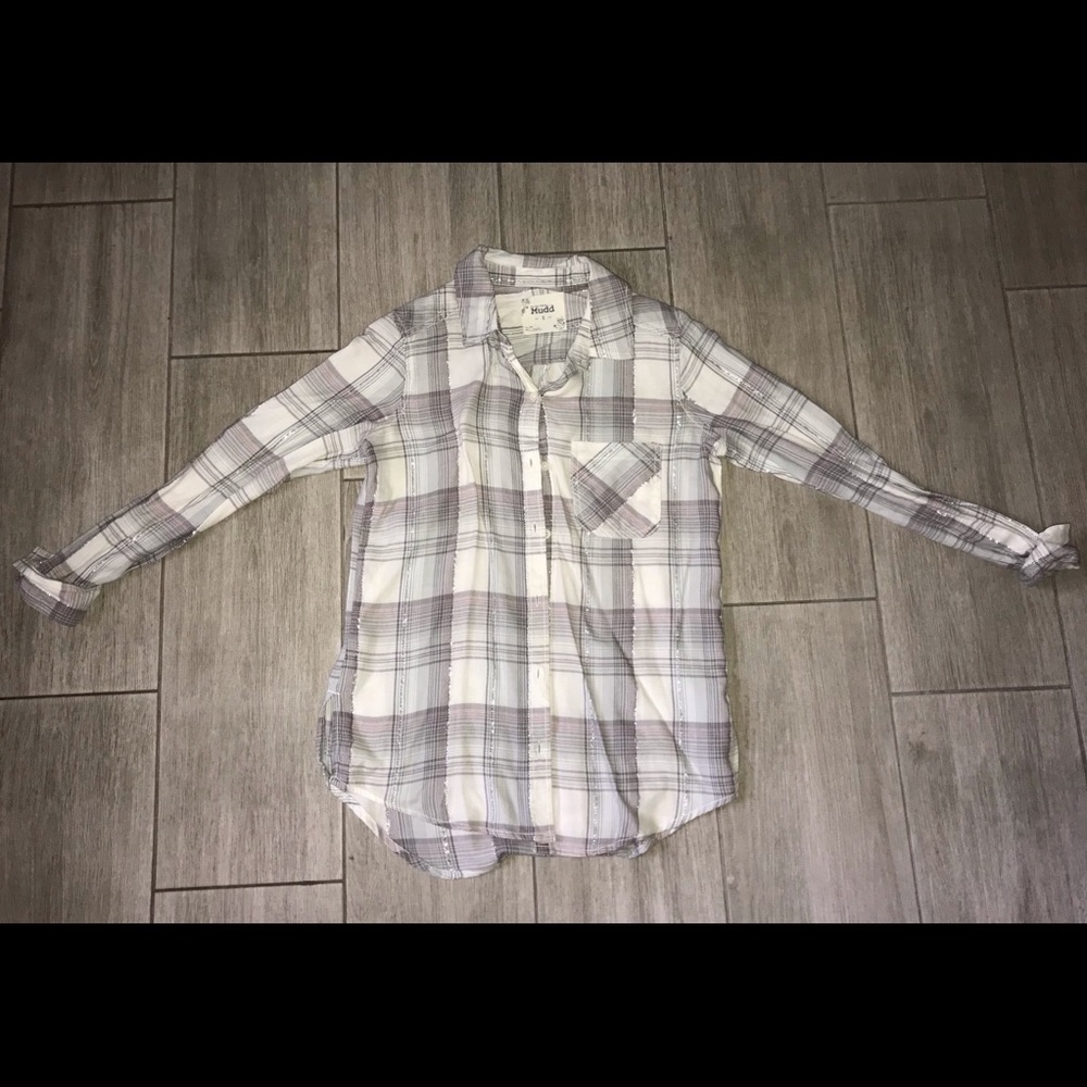 White & gray, button-down shirt with plaid design